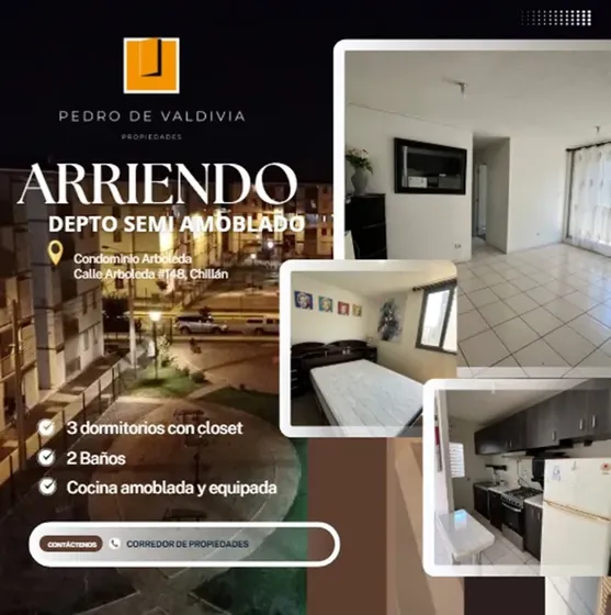 Arriendo Depto 3d+2b Semiamoblado Arboleda - Chillán
