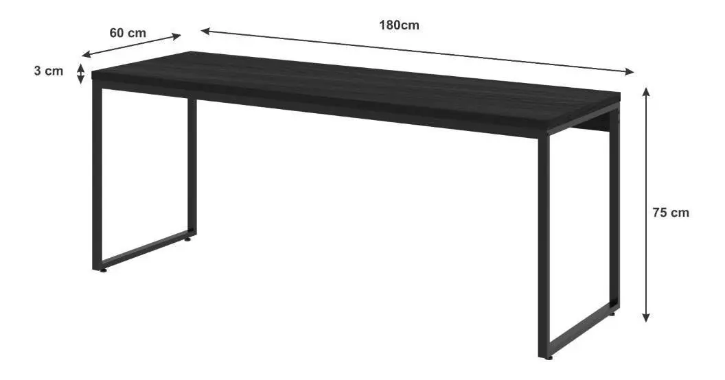 Diagrama técnico com medidas da mesa: 180cm de largura por 75cm de altura
