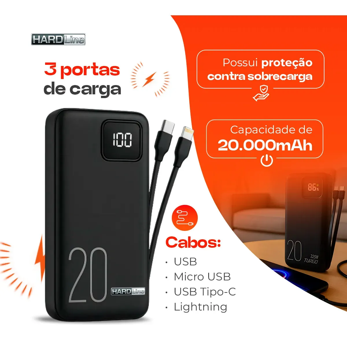 Carregador Portátil Power Bank 20000mah 22.5w Turbo Usb-c Display Digital Carregamento Rápido Universal Compativel iPhone Samsung Motorola Xiaomi 3 Saídas Preto Ou Branco - Marca Hardline Preto/branco