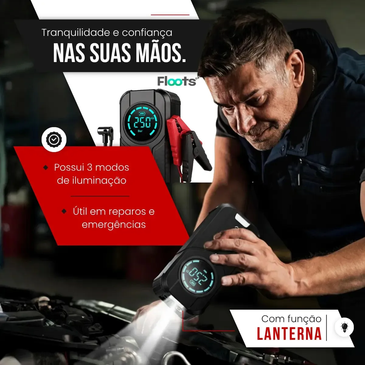 Auxiliar de Partida Carregador Bateria Com Compressor de Ar Emergência Portátil Veicular Floots Automotivo — imagem 5
