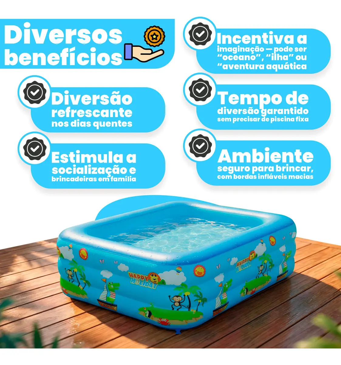 Piscina Infantil Inflável 460l Grande Retangular Pvc Reforçada 3 Anéis Criança Diversão No Verão Azul — imagem 3