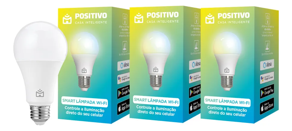 Kit 3 Lâmpadas Smart Wi-Fi Positivo Casa Inteligente 9W Bivolt, Compatível com Alexa e Google Assistente, Controle por App e Voz, RGB