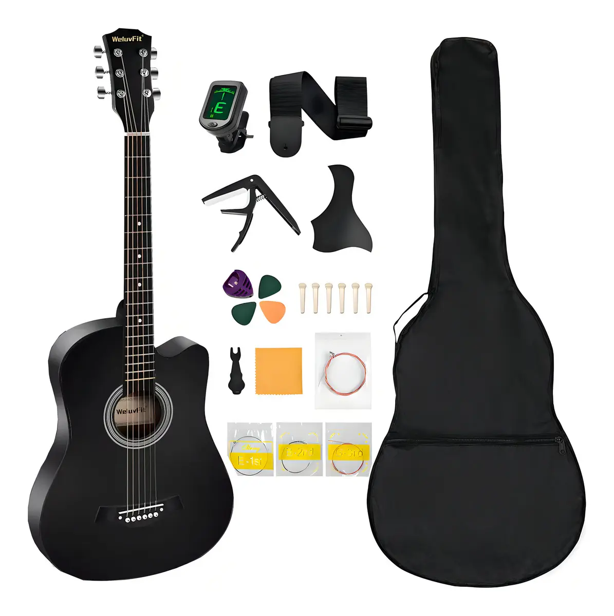Guitarra Acústica Clásica WeluvFit Q350B 38.5 Pulgadas 6 Cuerdas, Con Pastillas, Ecualizador, Cejilla, Funda De Guitarra, Púas, Cuerdas De Nailon. Adecuado De Principiantes Y Adultos Color Negro