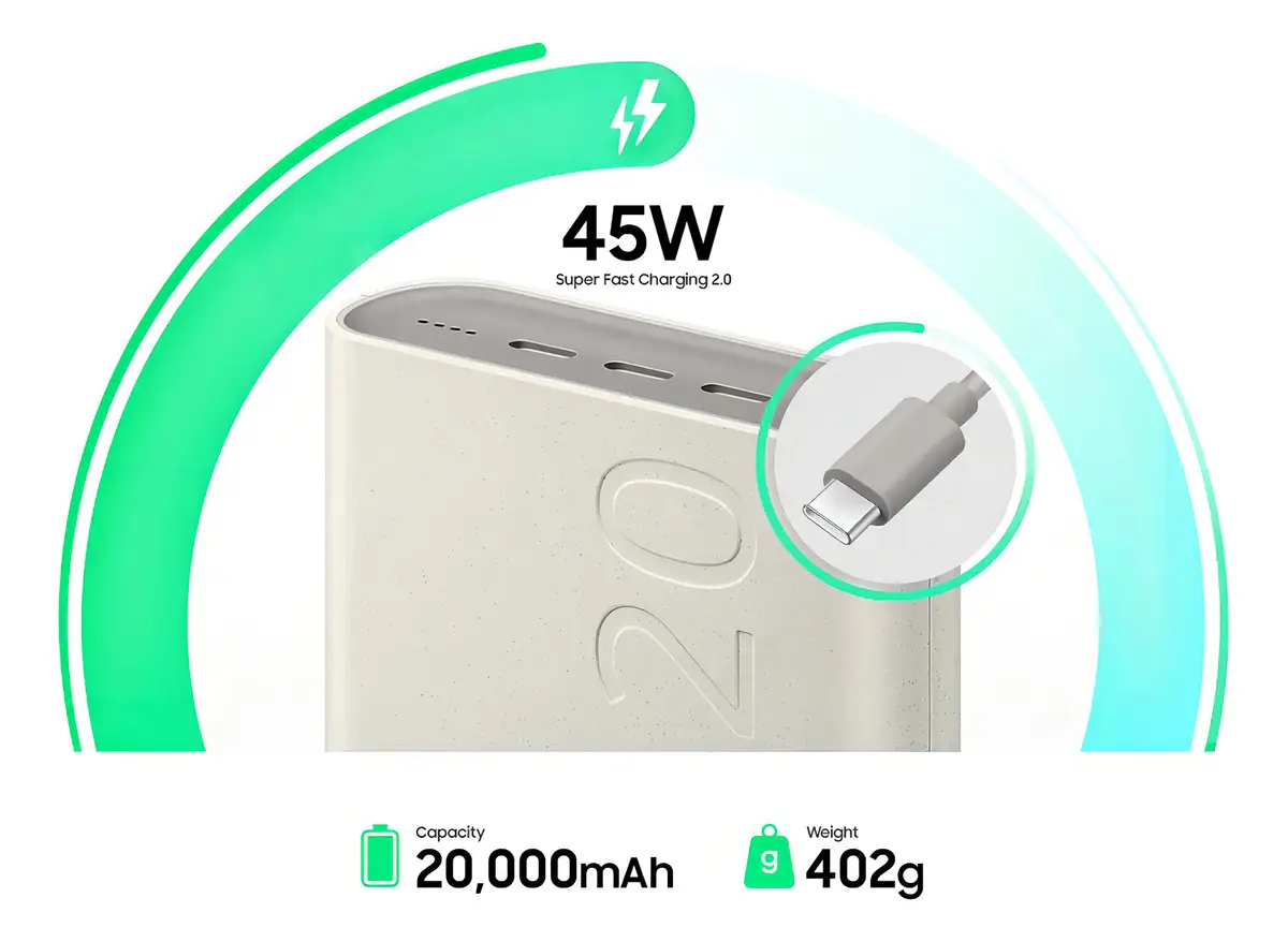 Cargador Power Bank Portátil Samsung | Potencia 45w | 20.000 Mah | Color Beige | Carga Súper Rápida 2.0