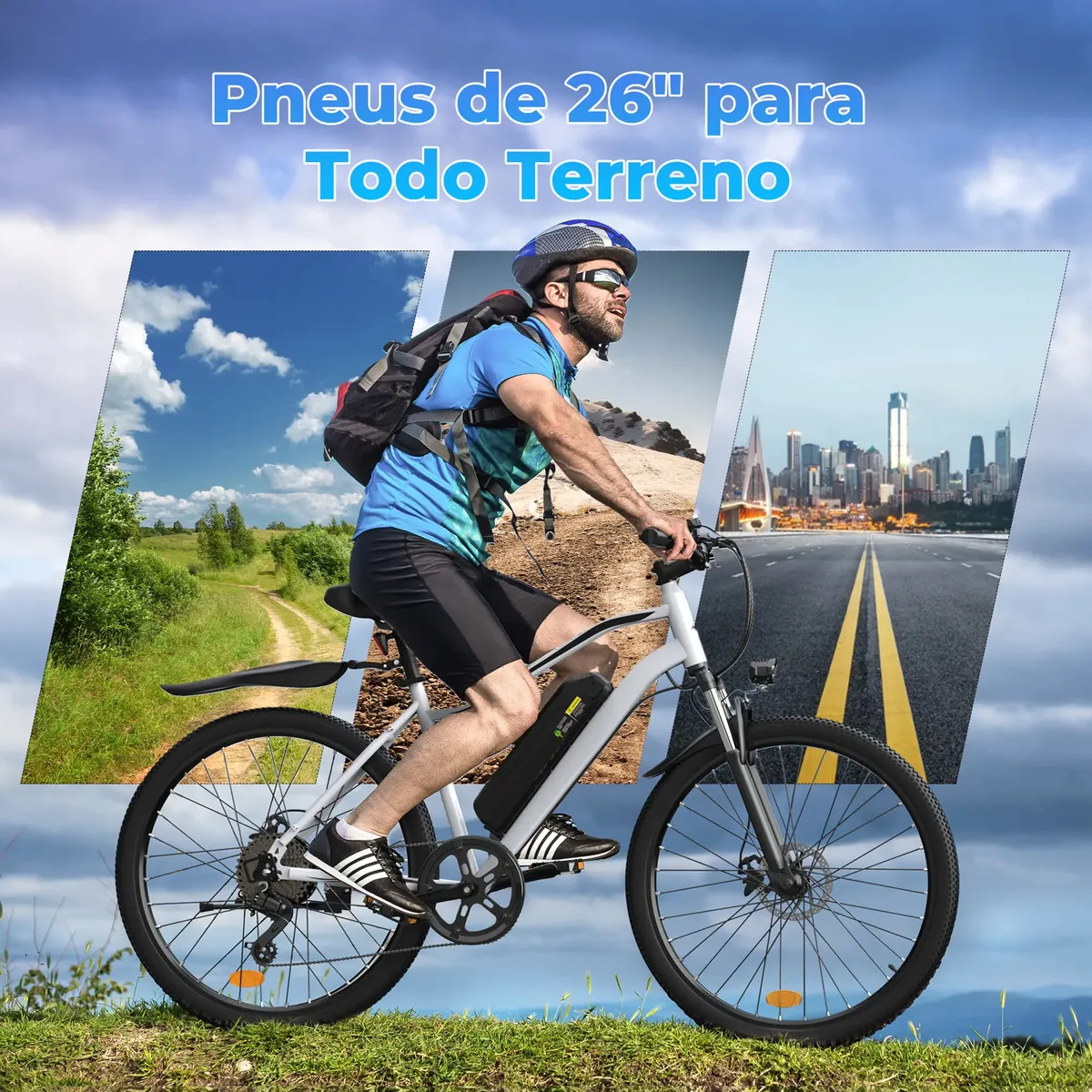 Ciclista pedalando em diferentes terrenos com destaque para os pneus de 26 polegadas