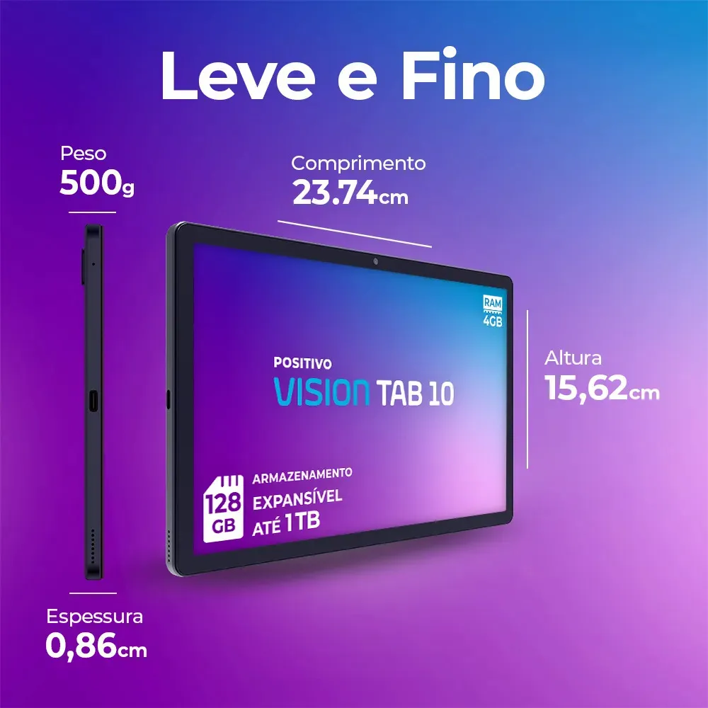 Visualização lateral do tablet Positivo Vision Tab10 destacando dimensões físicas e espessura