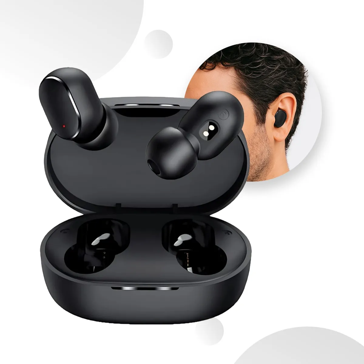 Um par de fones de ouvido Bluetooth TWS e sua case de carregamento