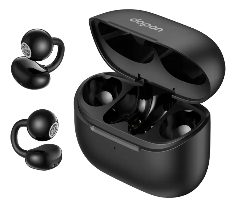Fones de ouvido Dapon Dpf25 Open Ear pretos sem fio, exibindo o par separado do estojo de carregamento aberto.