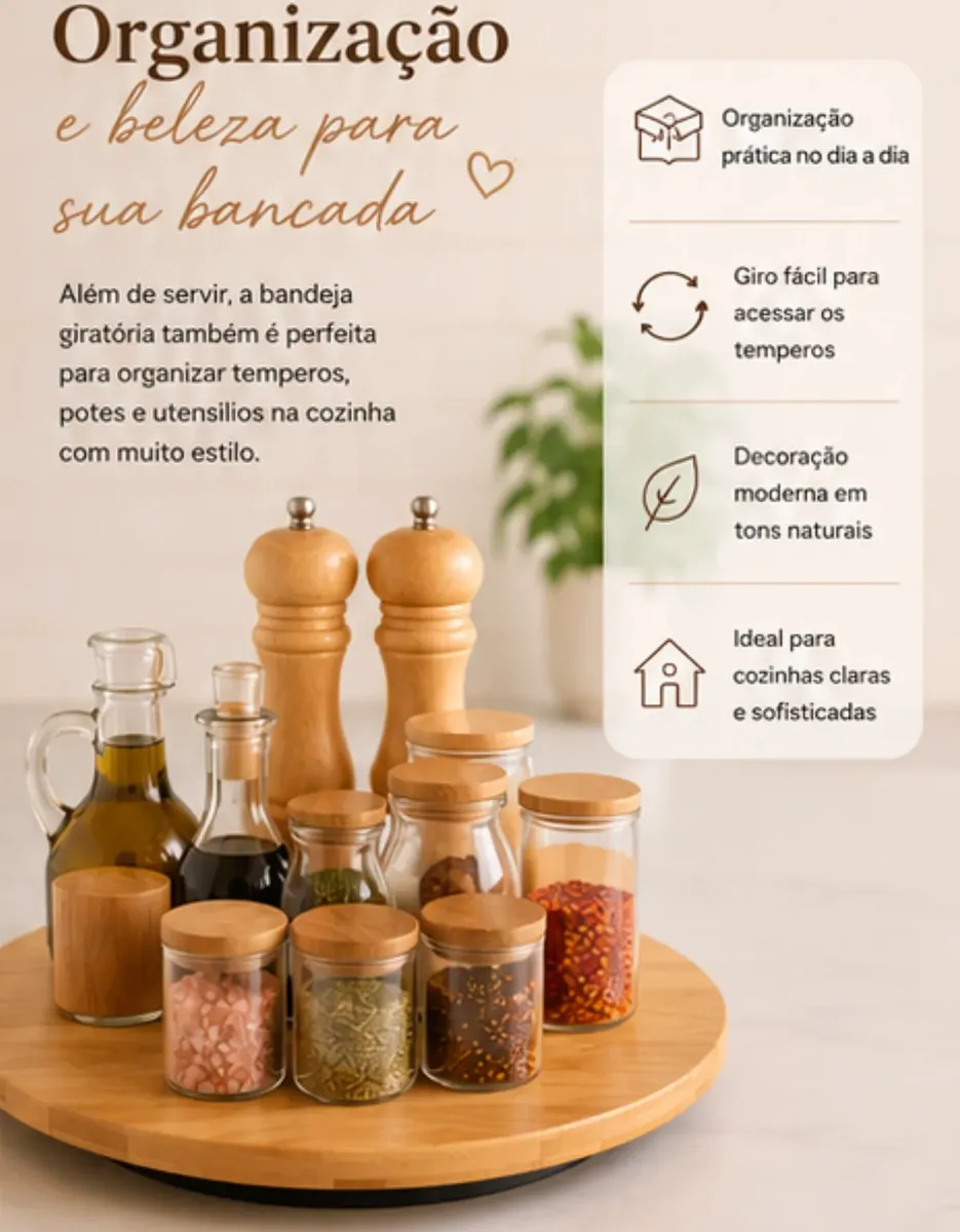 Bandeja Bambu Giratória 30x30x1 Para Queijos E Petiscos Marron