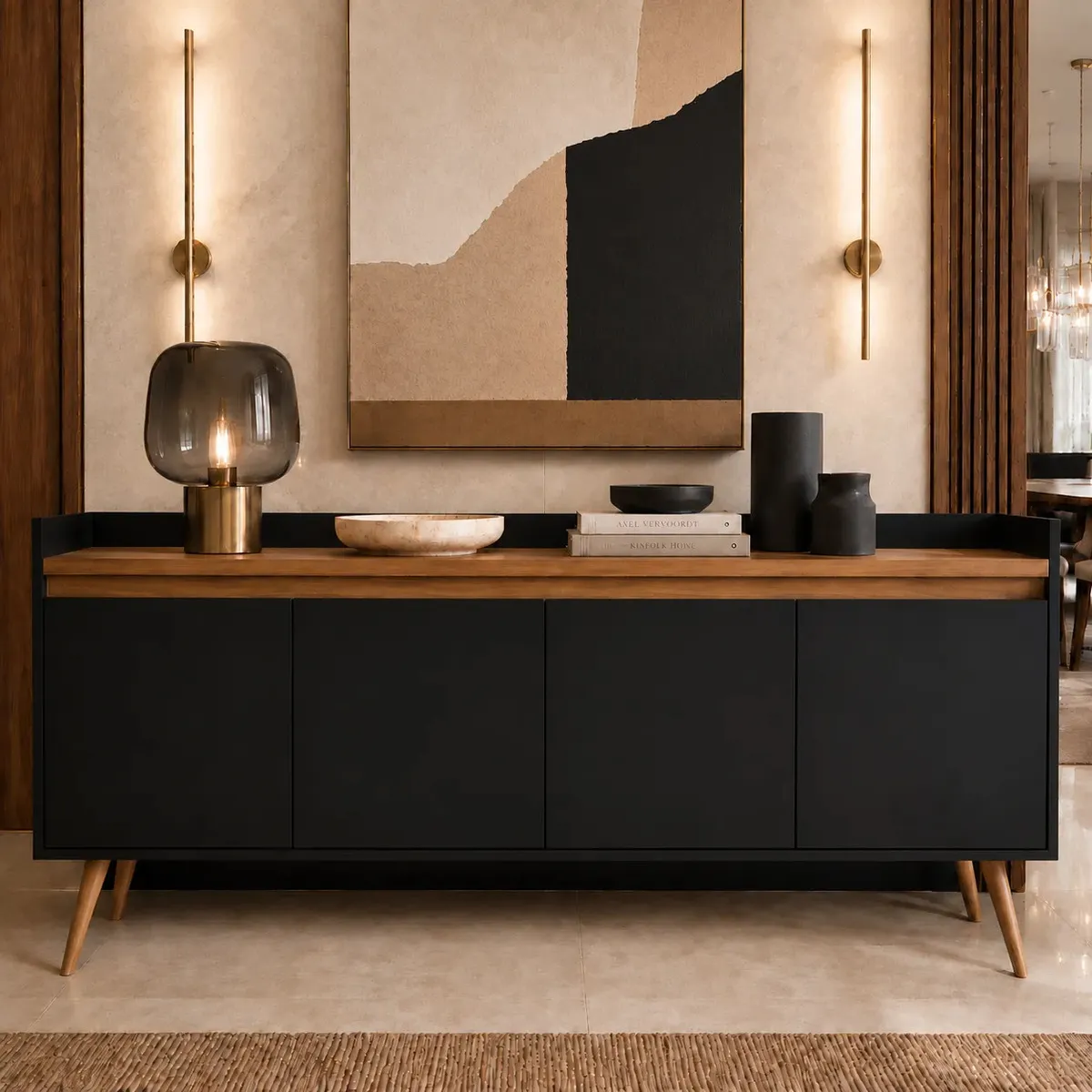 Buffet Aparador Sala De Jantar Móveis Primus Gold 4 Portas Preto Mel 160cm MDP Com Pés Madeira Maciça E Prateleira