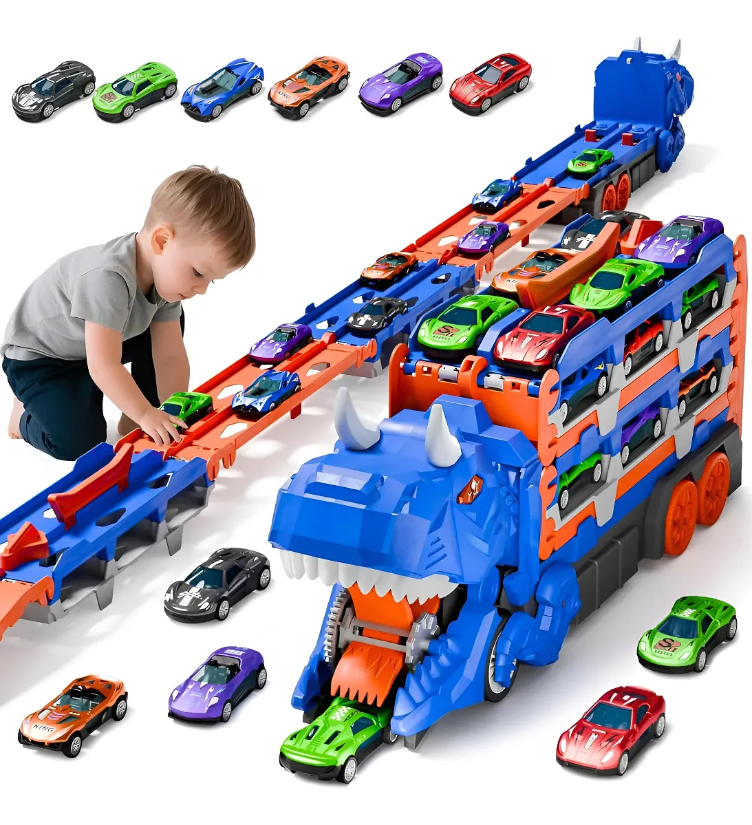 Caminhão De Engolir Dinossauro Transformável Brinquedo 7 Em1 Azul