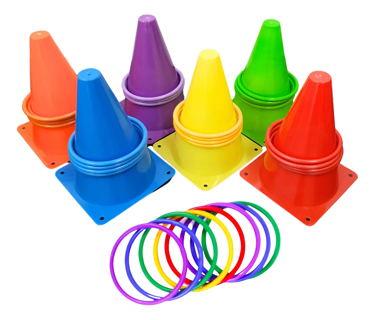 Kit 6 Cones E 18 Argolas Coloridas Pvc Jogo Coordenação Alvo Colorido