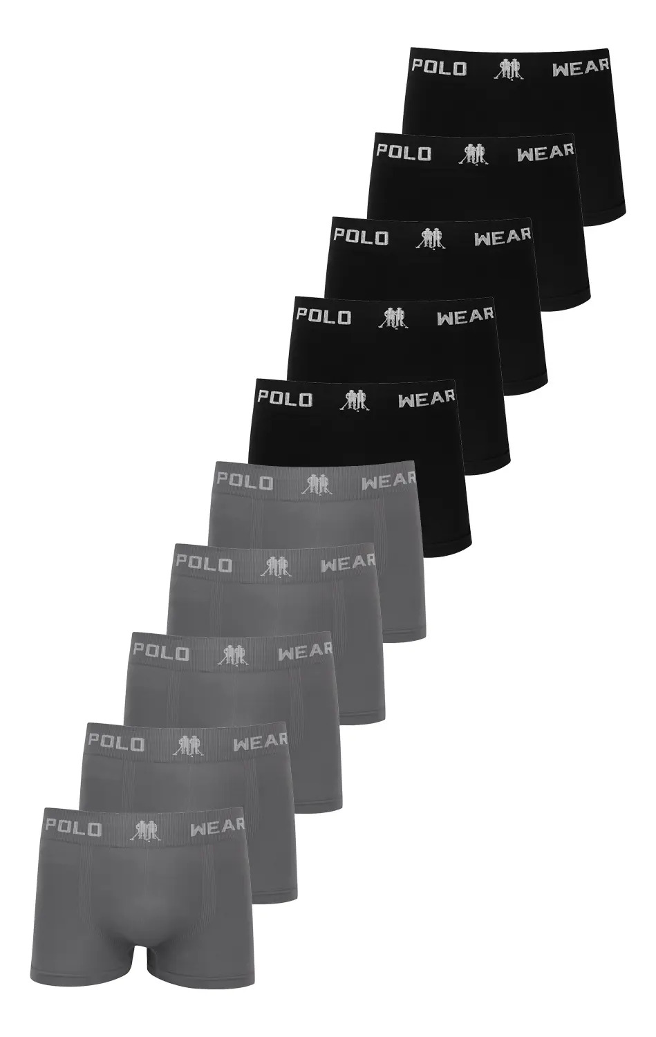 Kit com 10 cuecas boxer Polo Wear, sendo 5 pretas e 5 cinzas, todas com elástico personalizado com o logo da marca