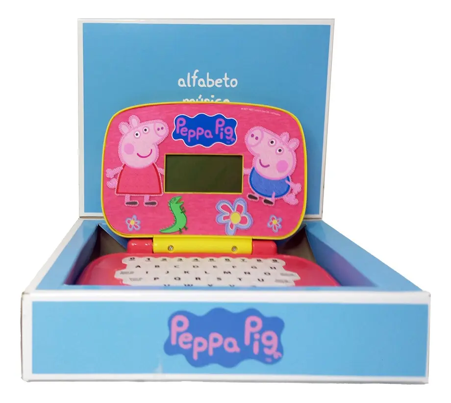 Laptop da Peppa Pig dentro da embalagem azul, pronto para presente