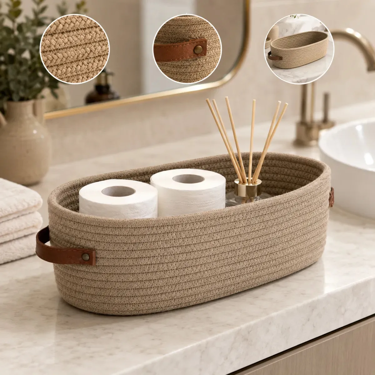 Cesto Organizador Multiuso Em Algodão Trançado Decorativo Premium Com Alças De Couro Para Brinquedos E Roupas