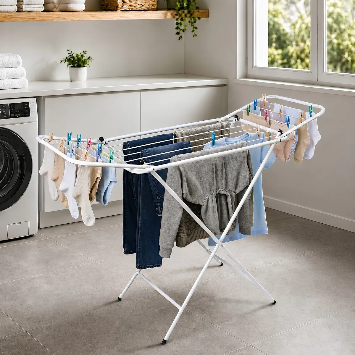 Varal De Chão Grande Retrátil Com Abas Suporta 25kg De Roupa