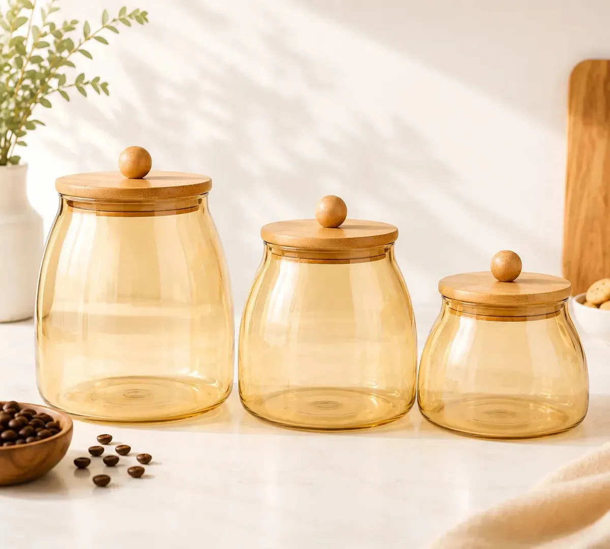 Kit Potes Herméticos de Vidro Âmbar com Tampa de Bambu para Mantimentos