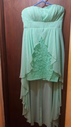 Vestido Strapless De Gasa Y Guipur. Verde Agua.talla M