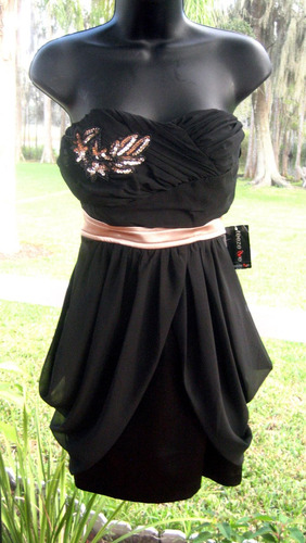 Vestido Corto Chifon Fino Femenino Strapless Negro 3 Xs Stoc