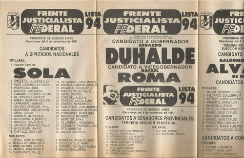 Boleta Elecciones Duhalde Gobernador Sola Diputado 1991