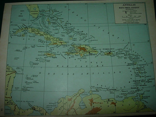 Mapa Antiguo Color Geografia Politico Antillas America Sur