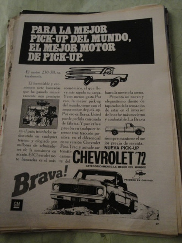 Publicidad Chevrolet Pick Up Brava Año 1972 Hoja Sola