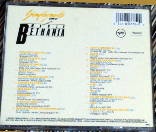 Maria Bethania Simply The Best Cd Excelente / Kktus (Usado)