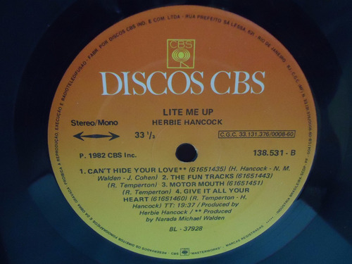 Lp Herbie Hancock - Lite Me Up- Selo Cbs- 1982 (sl 21) (Usado)