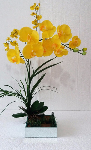 Arranjo De Orquídea Amarela Artificial Com Vaso De Espelho | Frete grátis
