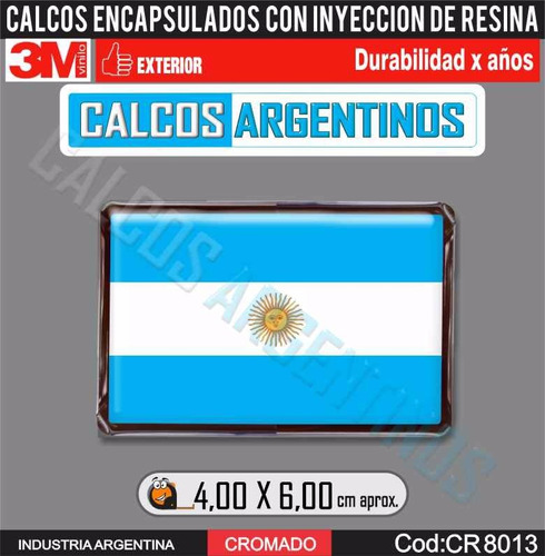 Bandera Argentina Cromada, Encapsulada, Resinada Con Relieve