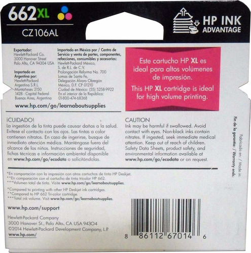 Combo 2 Cartucho Tinta Hp 662xl 1negro Cz105al 1colo Cz106al