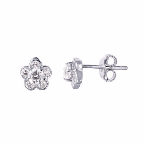Sterling Silver Rhodium Plated Flower Cz Earring