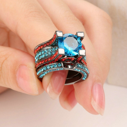 Anillo Doble Negro Piedras Azul Y Rojo Enchapado
