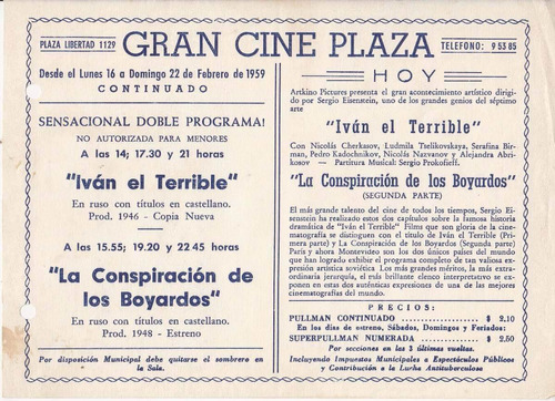 1959 Programa Sala Gran Cine Plaza Montevideo Eisenstein