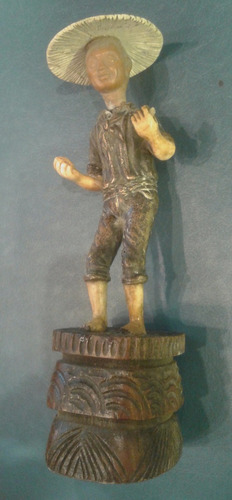 Antigua Figura Escultura Oriental Chino Bronce Bone Madera