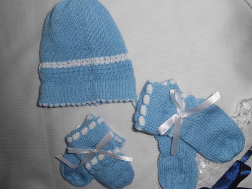 Recién Nacidos: Gorrito, Manoplas Y Medias Decoradas Tejidas