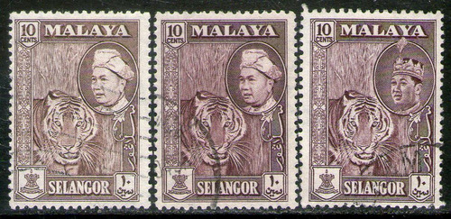 Malasia Estado Selangor 3 Sellos Usados Tigre = Sultán 1957+