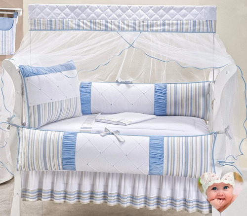 Kit Berço  Azul Menino + Kit Cama Baba+ Saia  16 Peças 