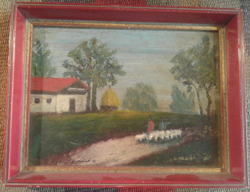 Antigua Pintura Oleo Tabla Madera Paisaje Campo Rural España