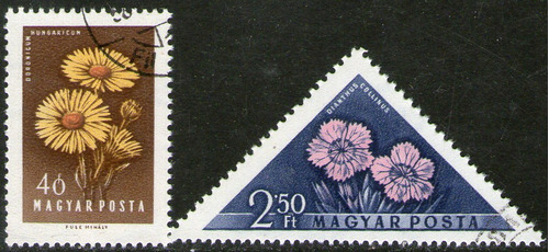 Hungría Serie X2 Sellos Usados Flores = Triangular Año 1958 