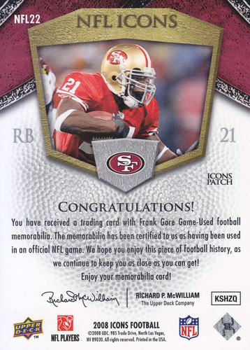 2008 Ud Icons 2color Patch Frank Gore 2/25 Rb 49ers (Usado)