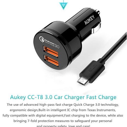 Cargador Auto Aukey Con 2 Puertos Carga Rápida Qualcomm3.0