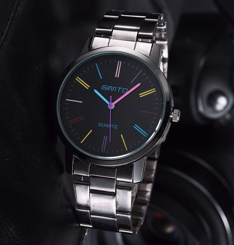 Relógio Feminino Aço Metal Cromado Preto Colorido M Gimto