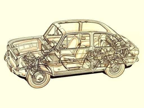 Fiat 850 Año 1964 - Detalles Del Interior - Lámina 45x30 Cm.