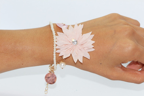 Pulsera Moda Casual Listón Perlas Y Flor Rosa Pc158