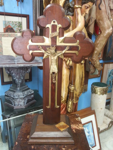 Cristo De Mesa Antiguo En Bronce Y Madera Cedro