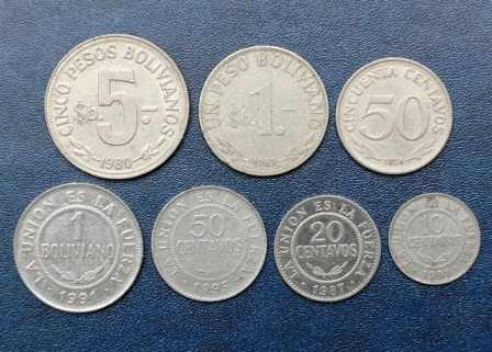 Lote 7 Monedas Bolivia 1 Boliviano 5 Pesos Unión Es Fuerza