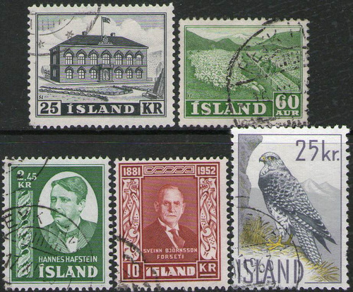 Islandia 5 Sellos Usados Altos Valores Años 1950-59 = Aves