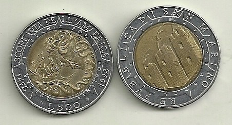 Moneda San Marino 500 Lira Año 1992/5 Bimetalica A Elegir