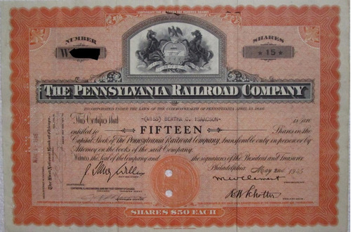 Accion/bono The Pennsylvania Railroad Company 1945 !!